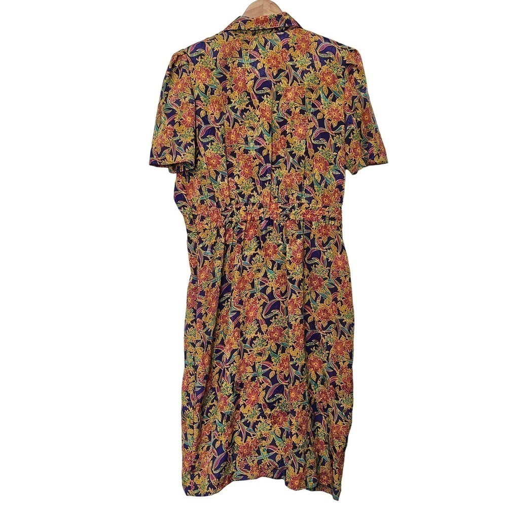 Vintage Arbor Creek Dress Size Large 80s Purple Yellow Floral Shirt Dress Midi - Picture 2 of 10